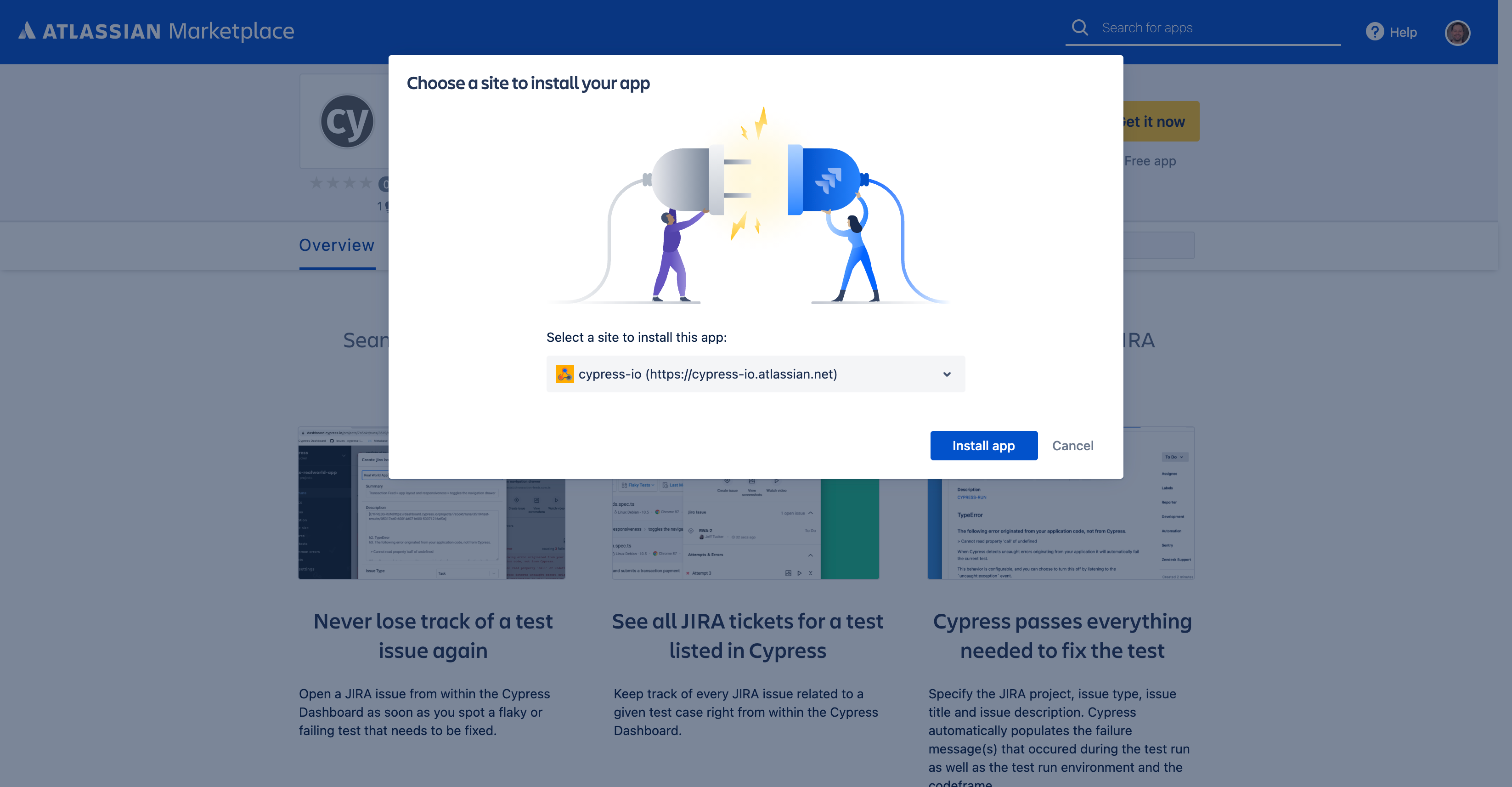 Atlassian Marketplace Cypress for Jira Choose Site